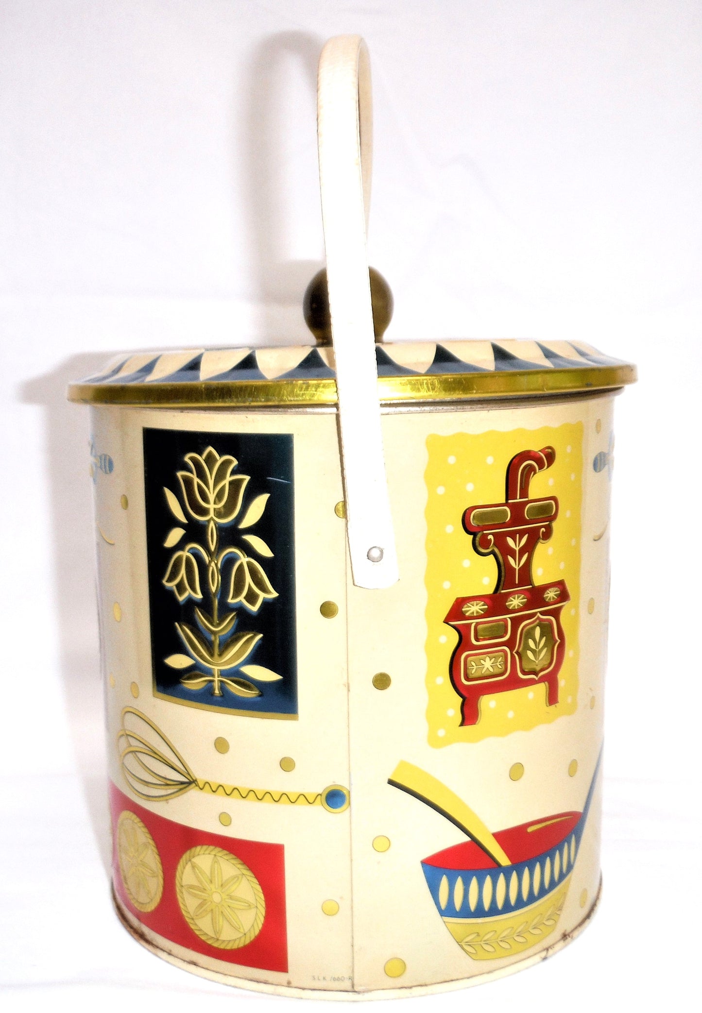 Vintage Tin Pail Biscuit Barrel with Original Handle by BARET WARE OF ENGLAND: 'HOMESTEAD'