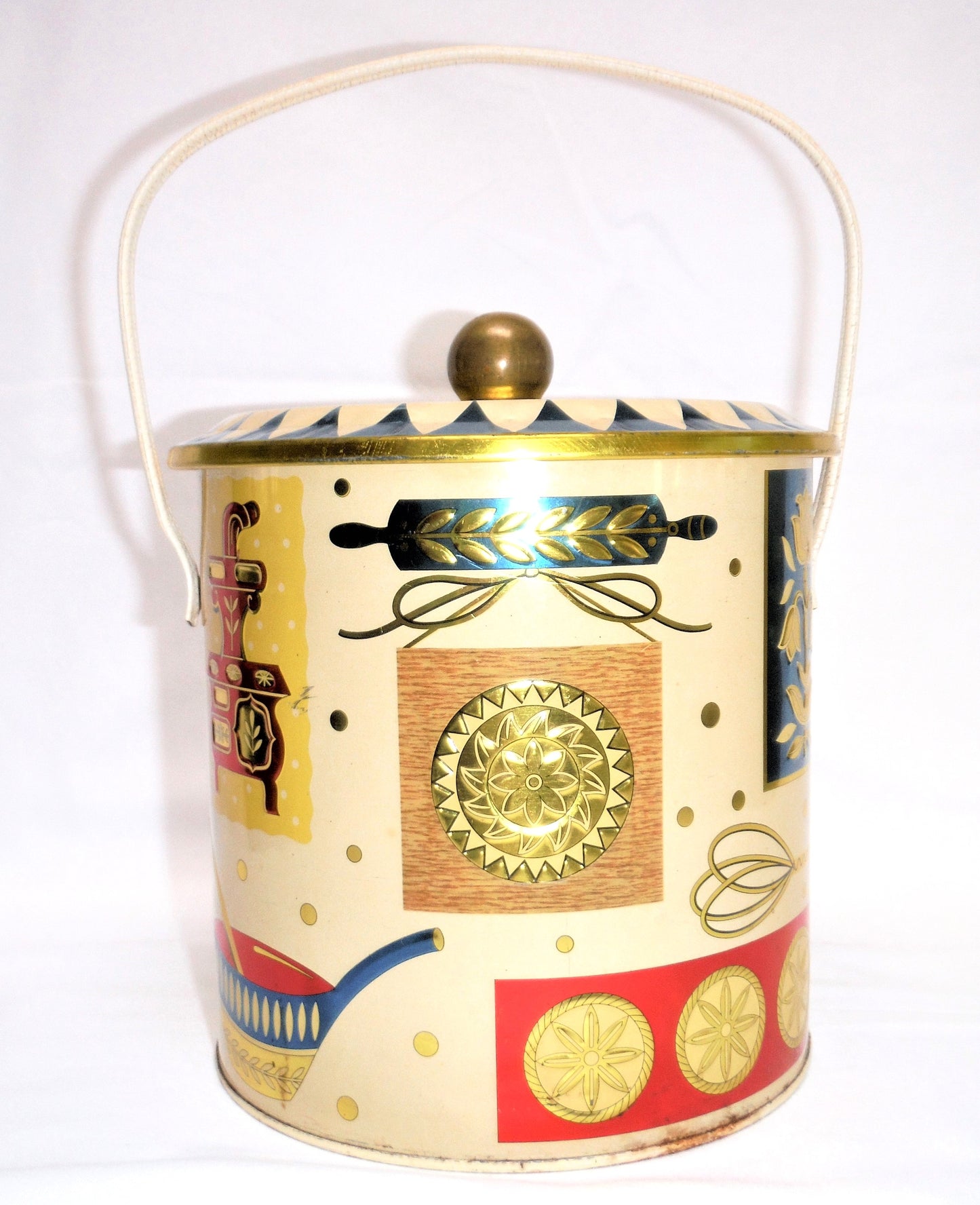 Vintage Tin Pail Biscuit Barrel with Original Handle by BARET WARE OF ENGLAND: 'HOMESTEAD'