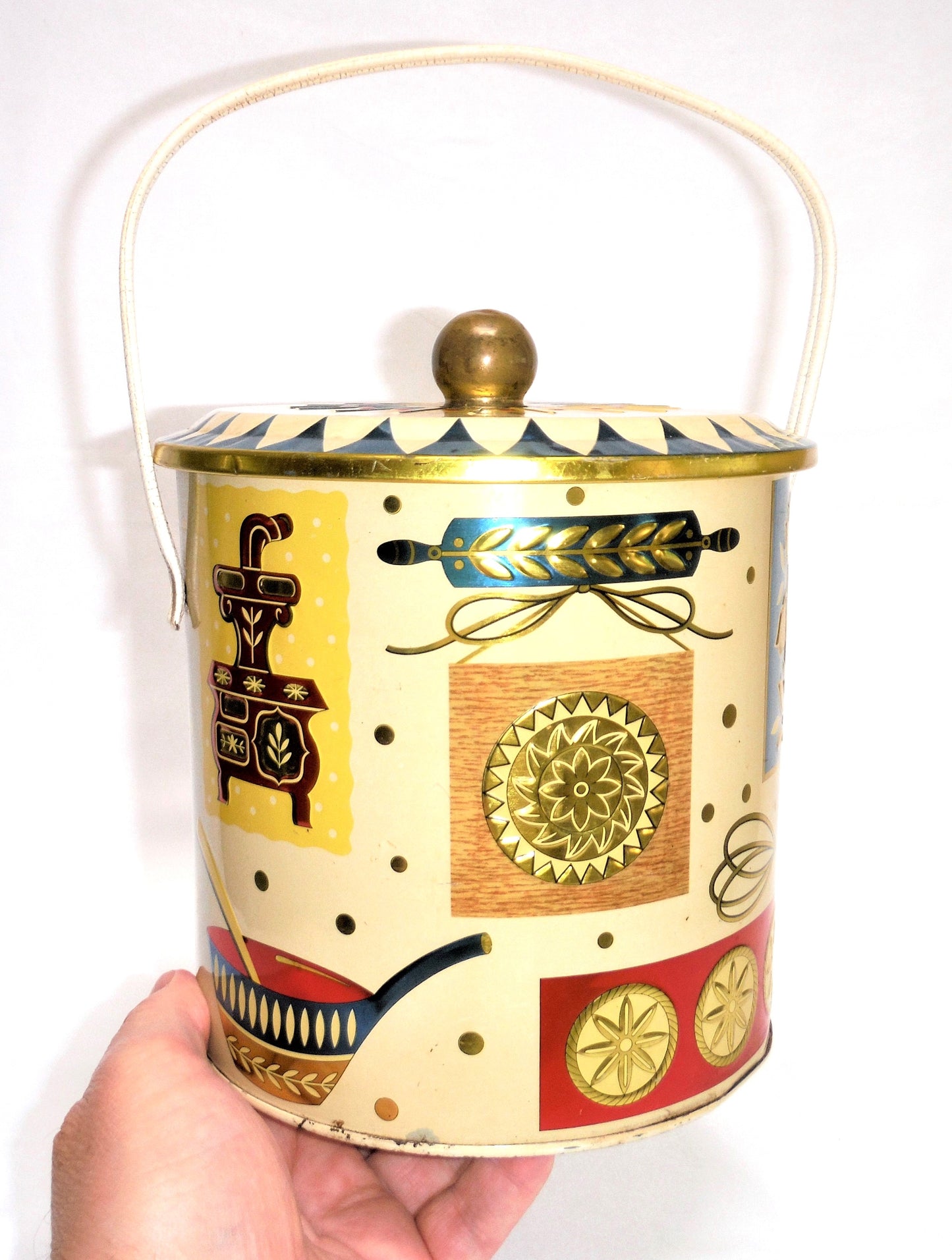 Vintage Tin Pail Biscuit Barrel with Original Handle by BARET WARE OF ENGLAND: 'HOMESTEAD'