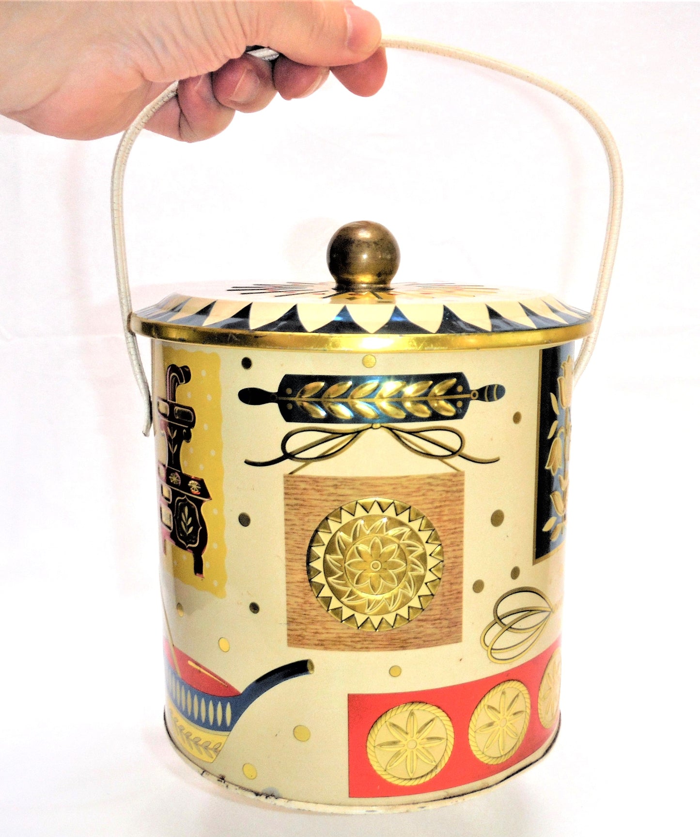 Vintage Tin Pail Biscuit Barrel with Original Handle by BARET WARE OF ENGLAND: 'HOMESTEAD'