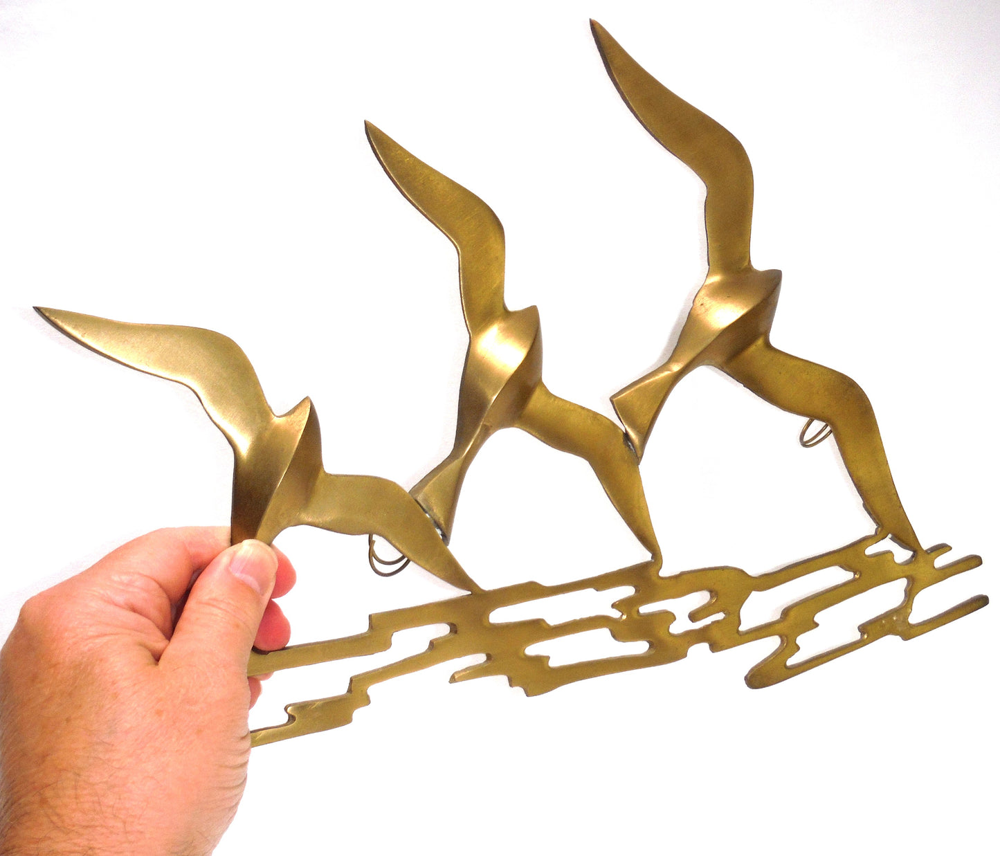 Vintage Hand-Made Pure Brass Wall Sculpture: 'THREE FLYING SEAGULLS', by SOFICO Art in Metal Company