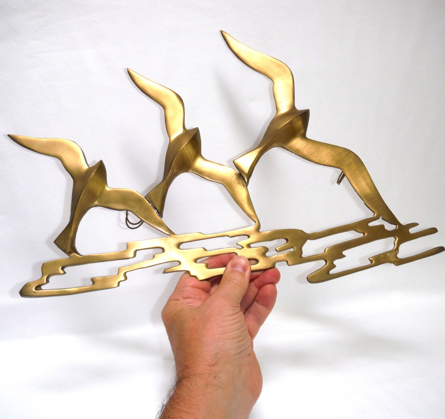 Vintage Hand-Made Pure Brass Wall Sculpture: 'THREE FLYING SEAGULLS', by SOFICO Art in Metal Company