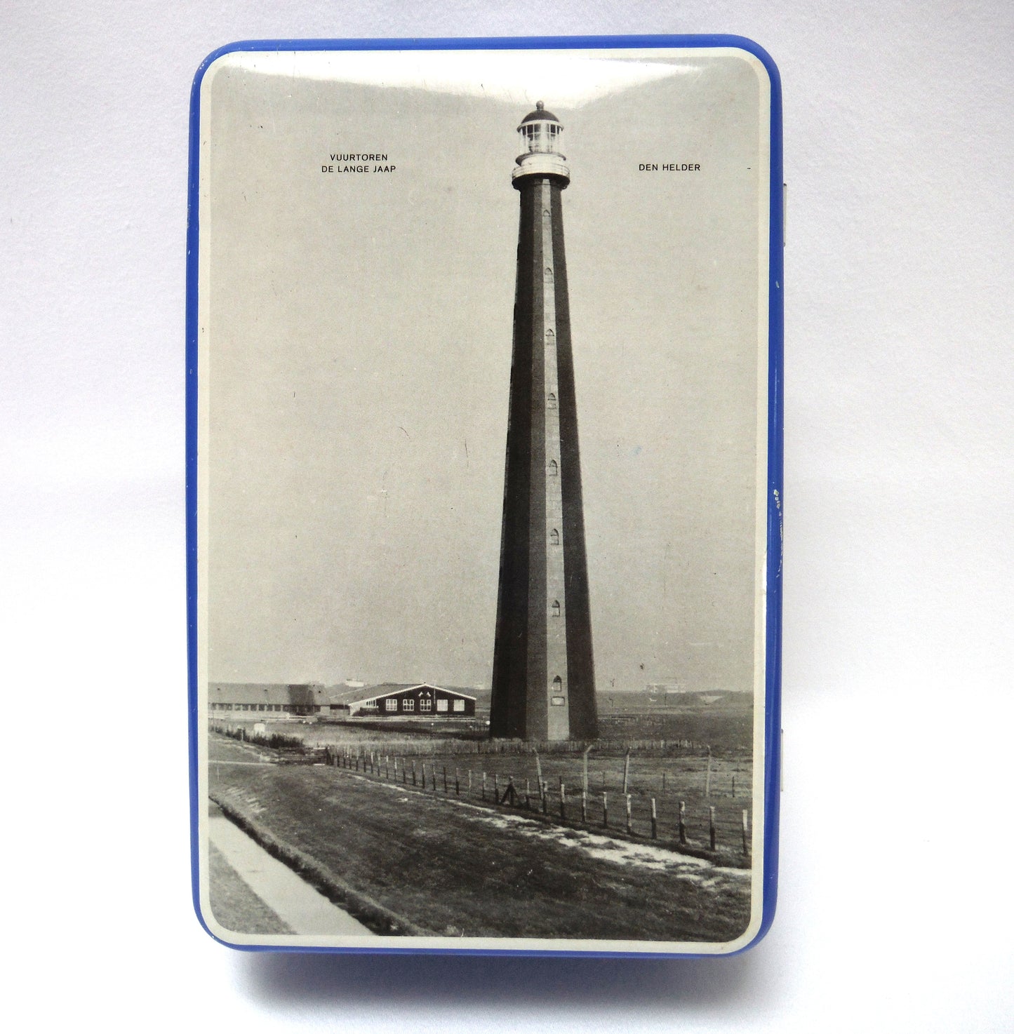 Mid-Century DUTCH HOLLAND LIGHTHOUSE Hinged-Lid Tin Container: 'VUURTOREN DE LANGE JAAP'