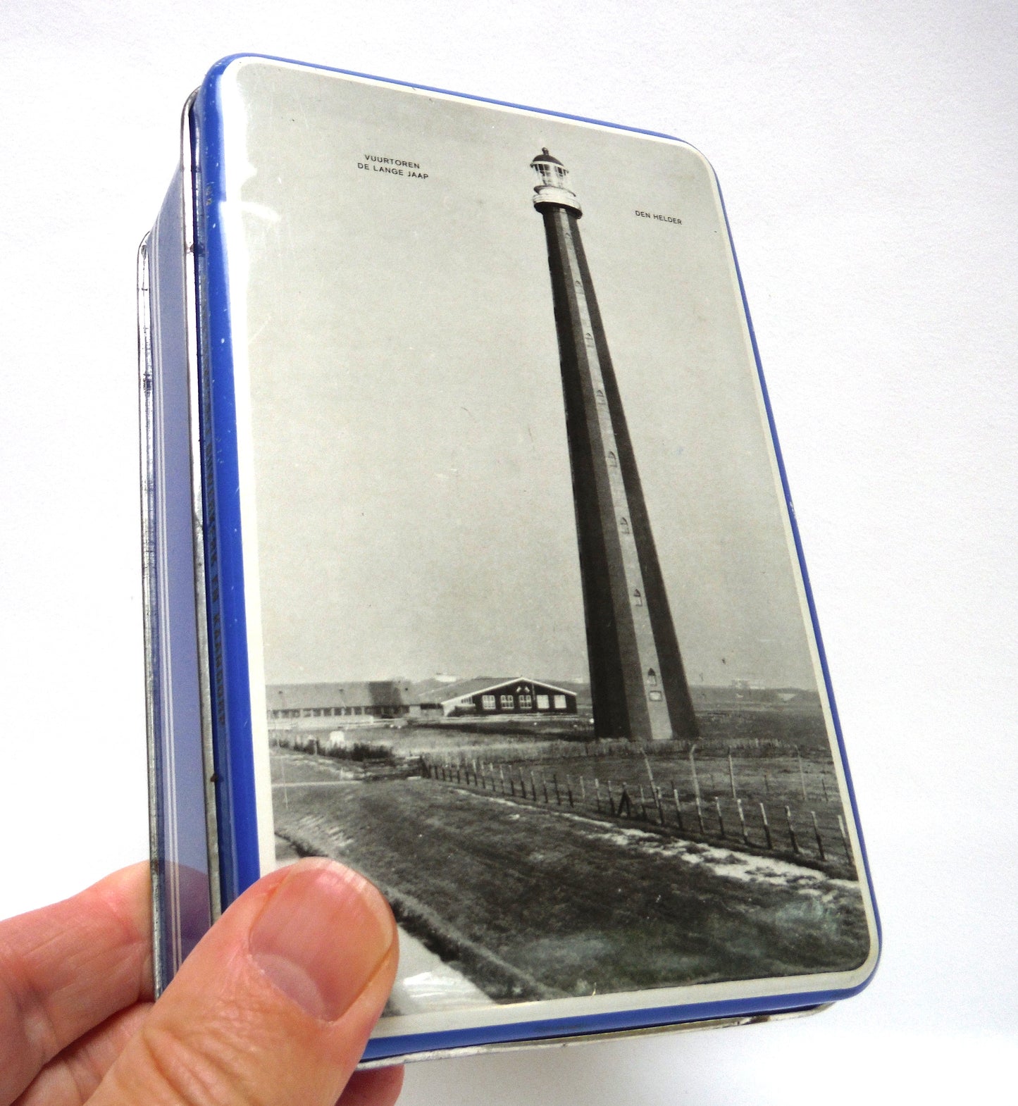 Mid-Century DUTCH HOLLAND LIGHTHOUSE Hinged-Lid Tin Container: 'VUURTOREN DE LANGE JAAP'