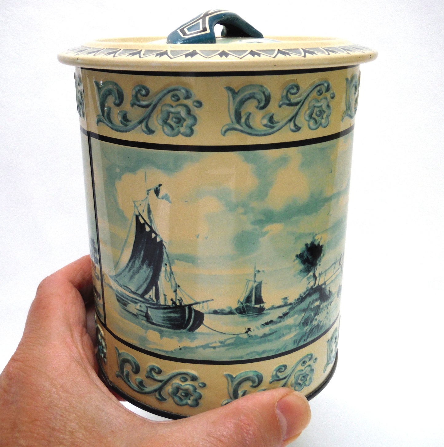 Vintage Tea Caddy from Western Germany: 'SAILING SHIPS and DUTCH DELFTS-LIKE WINDMILLS'