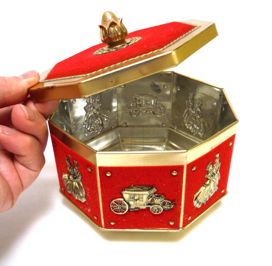 Vintage Red-Velvet Ornate Octagon Tin Container with Removable Top: 'VICTORIAN BALLROOM DANCING AND HORSE-DRAWN CARRIAGES'