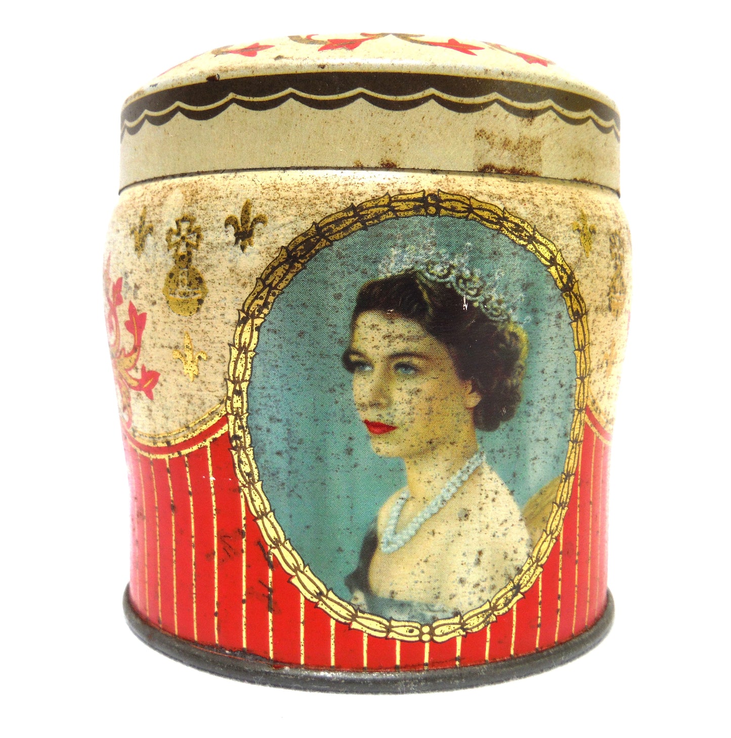 H.M. QUEEN ELIZABETH II and PRINCE PHILIP 1953 Coronation Souvenir Tin Container, by Henry, Thorne and Company of Leeds, England