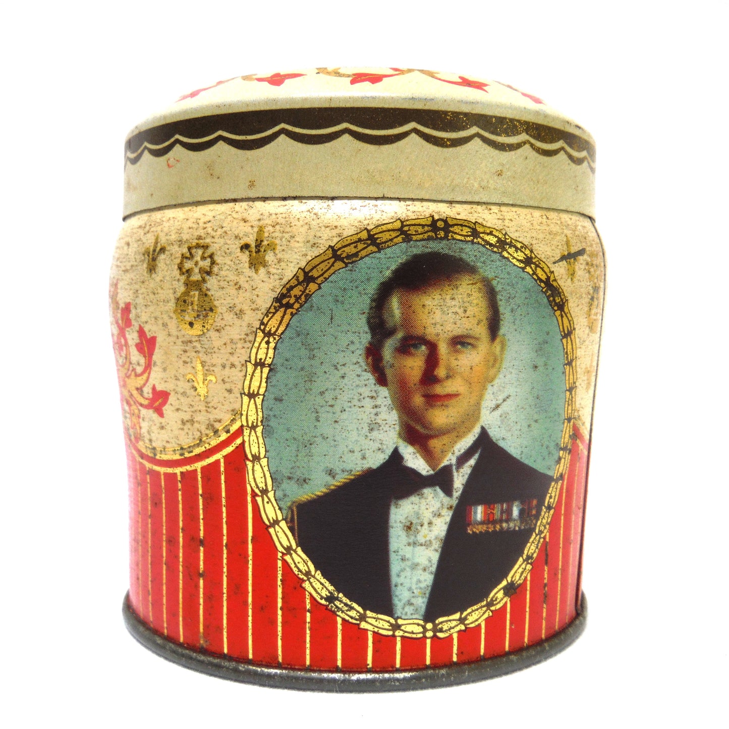 H.M. QUEEN ELIZABETH II and PRINCE PHILIP 1953 Coronation Souvenir Tin Container, by Henry, Thorne and Company of Leeds, England