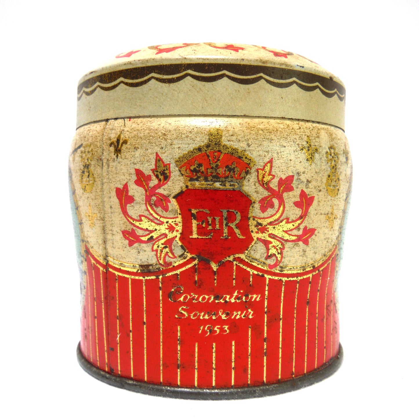H.M. QUEEN ELIZABETH II and PRINCE PHILIP 1953 Coronation Souvenir Tin Container, by Henry, Thorne and Company of Leeds, England