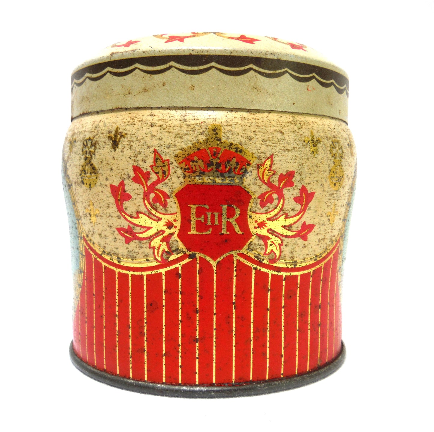 H.M. QUEEN ELIZABETH II and PRINCE PHILIP 1953 Coronation Souvenir Tin Container, by Henry, Thorne and Company of Leeds, England