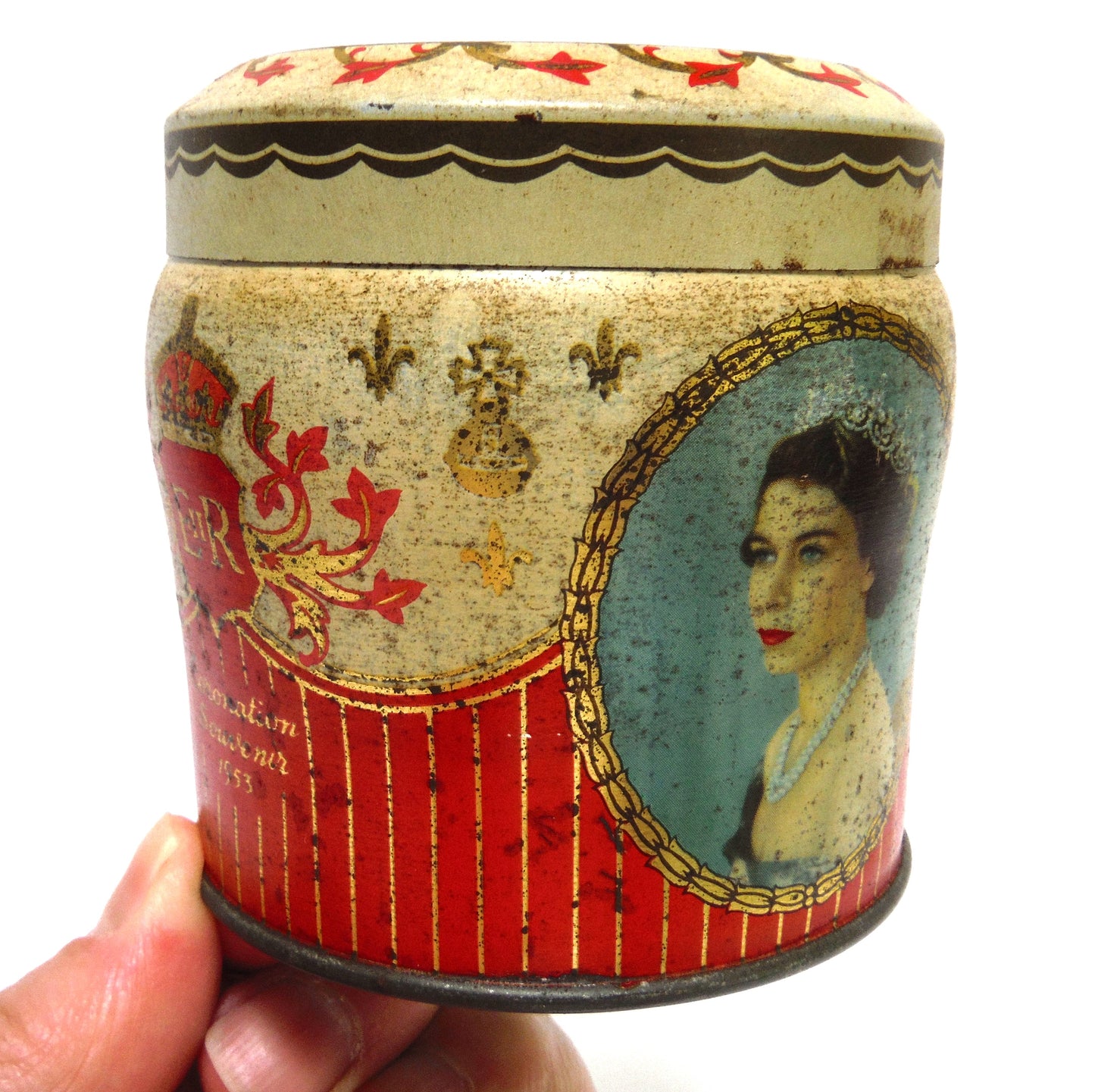 H.M. QUEEN ELIZABETH II and PRINCE PHILIP 1953 Coronation Souvenir Tin Container, by Henry, Thorne and Company of Leeds, England