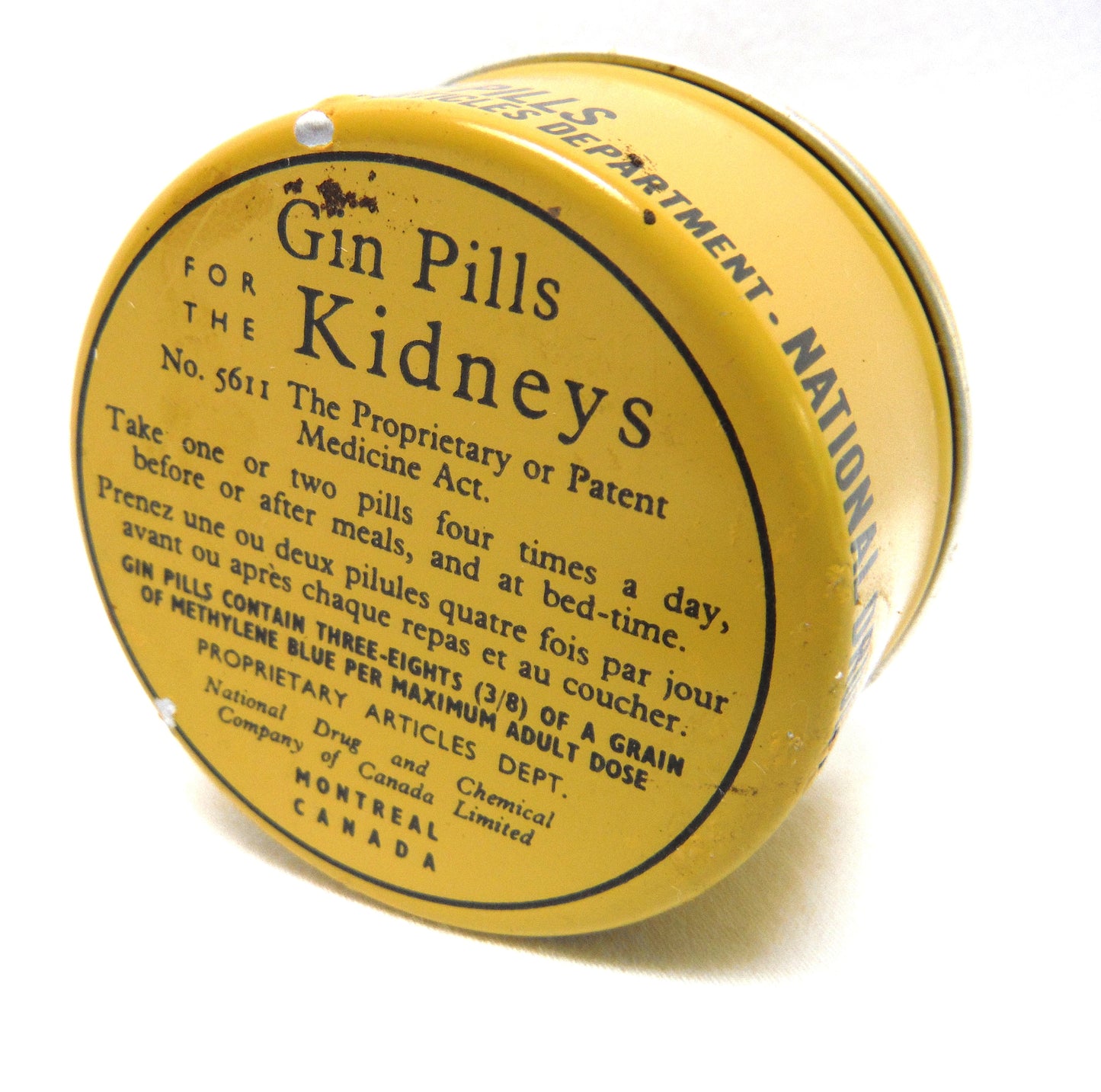 Vintage Tin Container: GIN PILLS FOR THE KIDNEYS by The National Drug and Chemical Company of Canada, Montreal