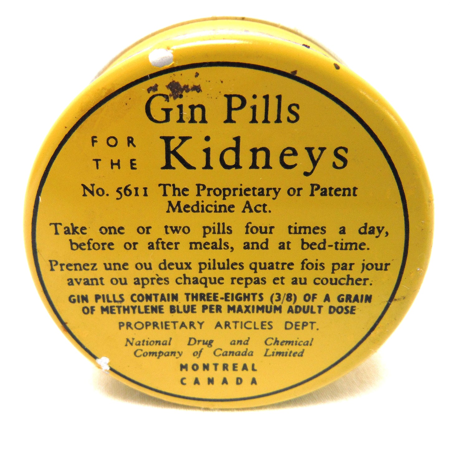 Vintage Tin Container: GIN PILLS FOR THE KIDNEYS by The National Drug and Chemical Company of Canada, Montreal