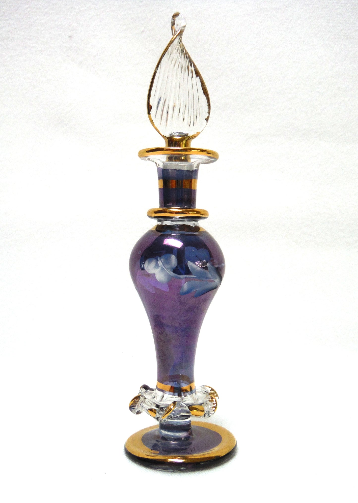 MINIATURE EGYPTIAN PERFUME BOTTLE: 'Nefertitis Tears 18 K gold glided, amethyst toned, mouth blown, hand-cut'