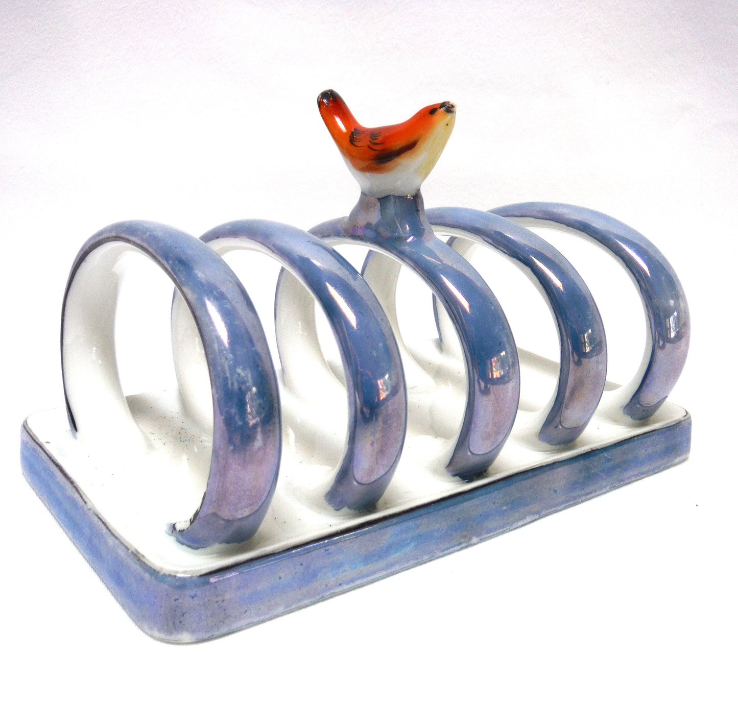 VINTAGE NORITAKE JAPANESE TOAST RACK: Blue with Black Trim in Iridescent Gloss Finish, with a Perched Red Bird Centerpiece