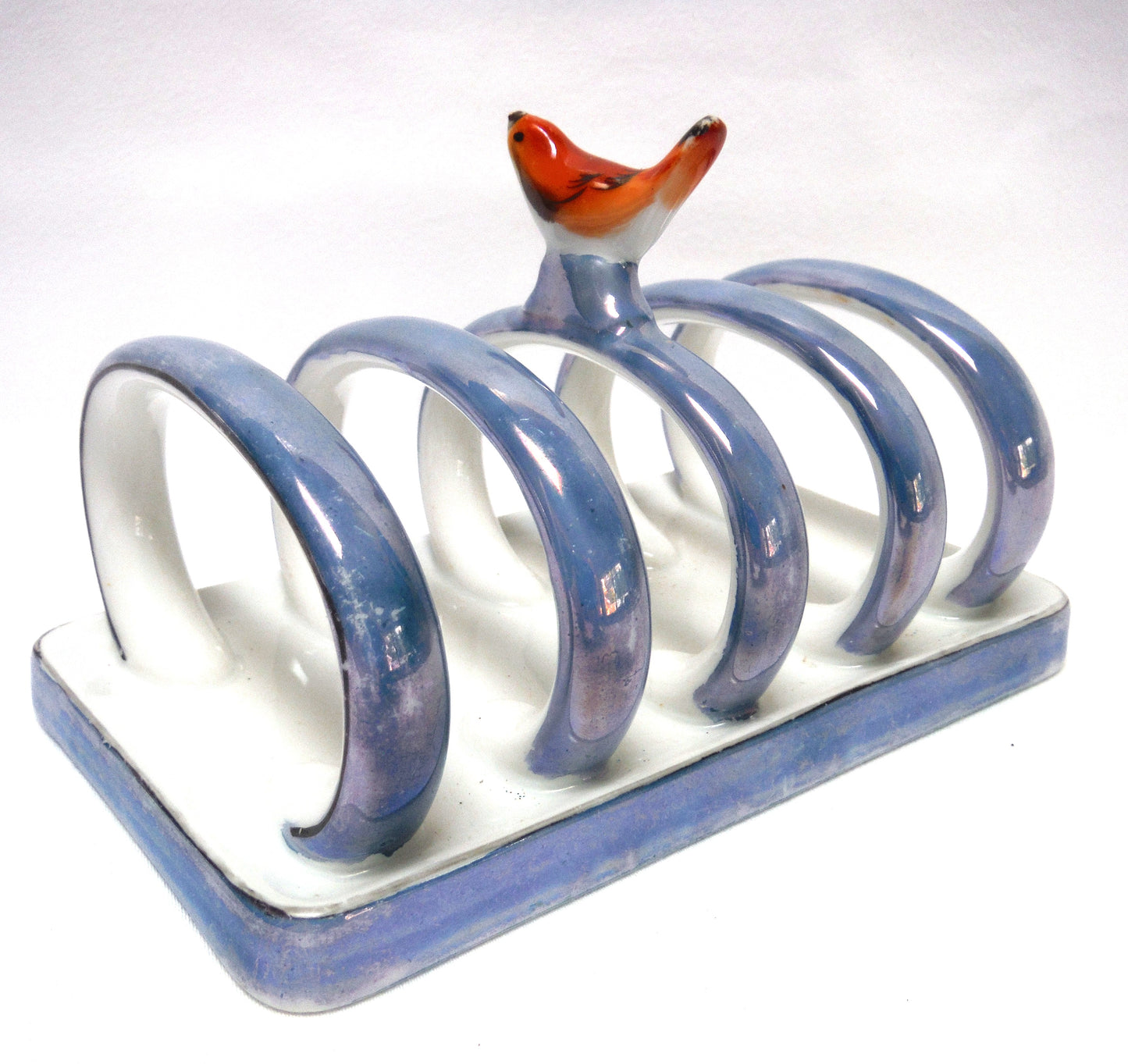 VINTAGE NORITAKE JAPANESE TOAST RACK: Blue with Black Trim in Iridescent Gloss Finish, with a Perched Red Bird Centerpiece