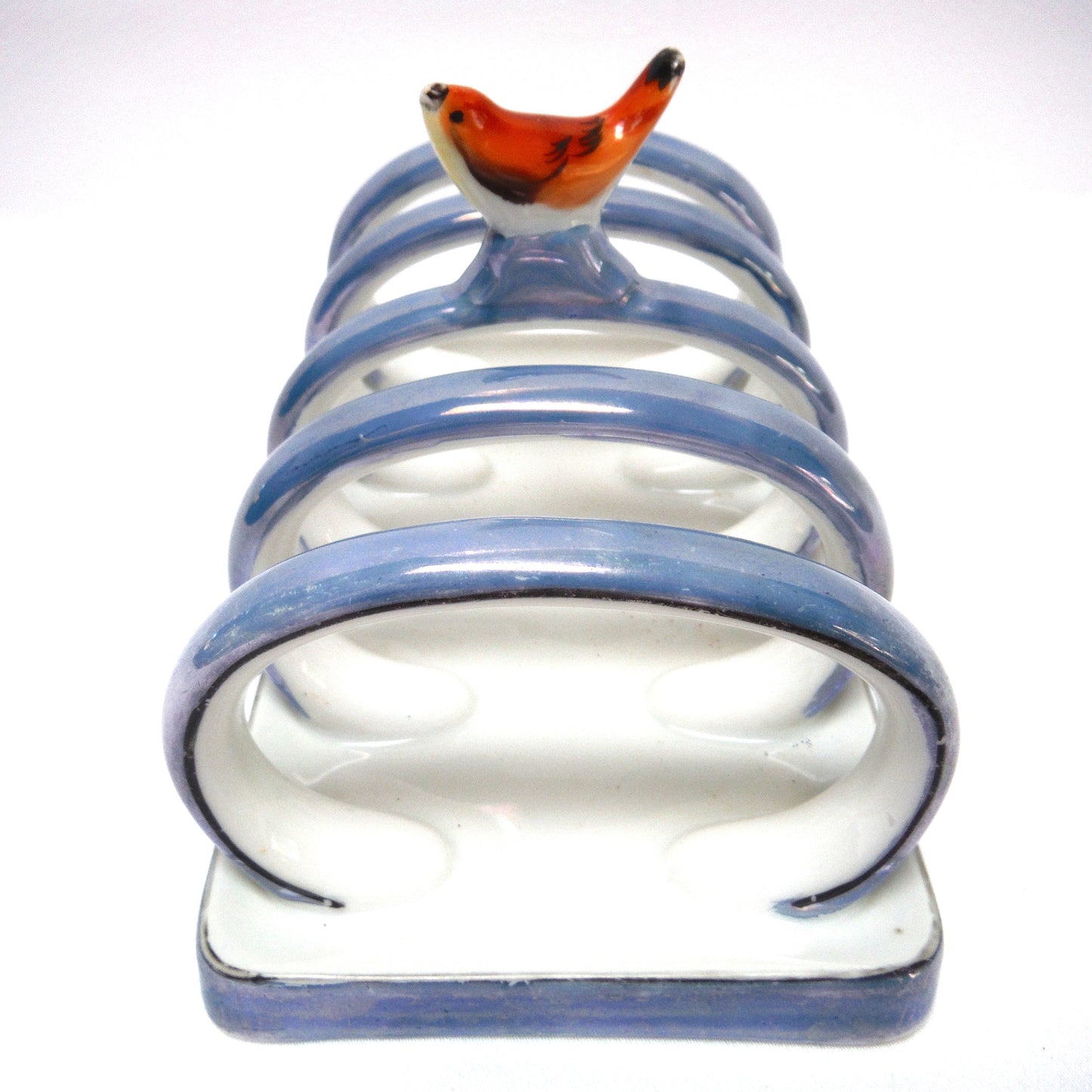 VINTAGE NORITAKE JAPANESE TOAST RACK: Blue with Black Trim in Iridescent Gloss Finish, with a Perched Red Bird Centerpiece