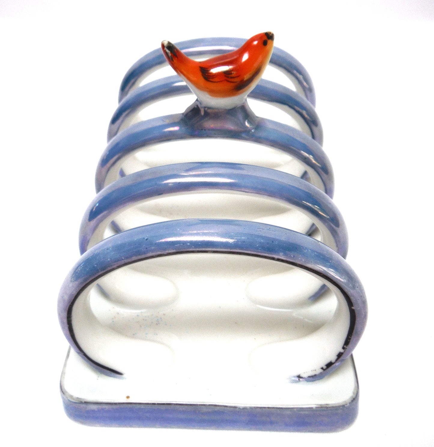 VINTAGE NORITAKE JAPANESE TOAST RACK: Blue with Black Trim in Iridescent Gloss Finish, with a Perched Red Bird Centerpiece