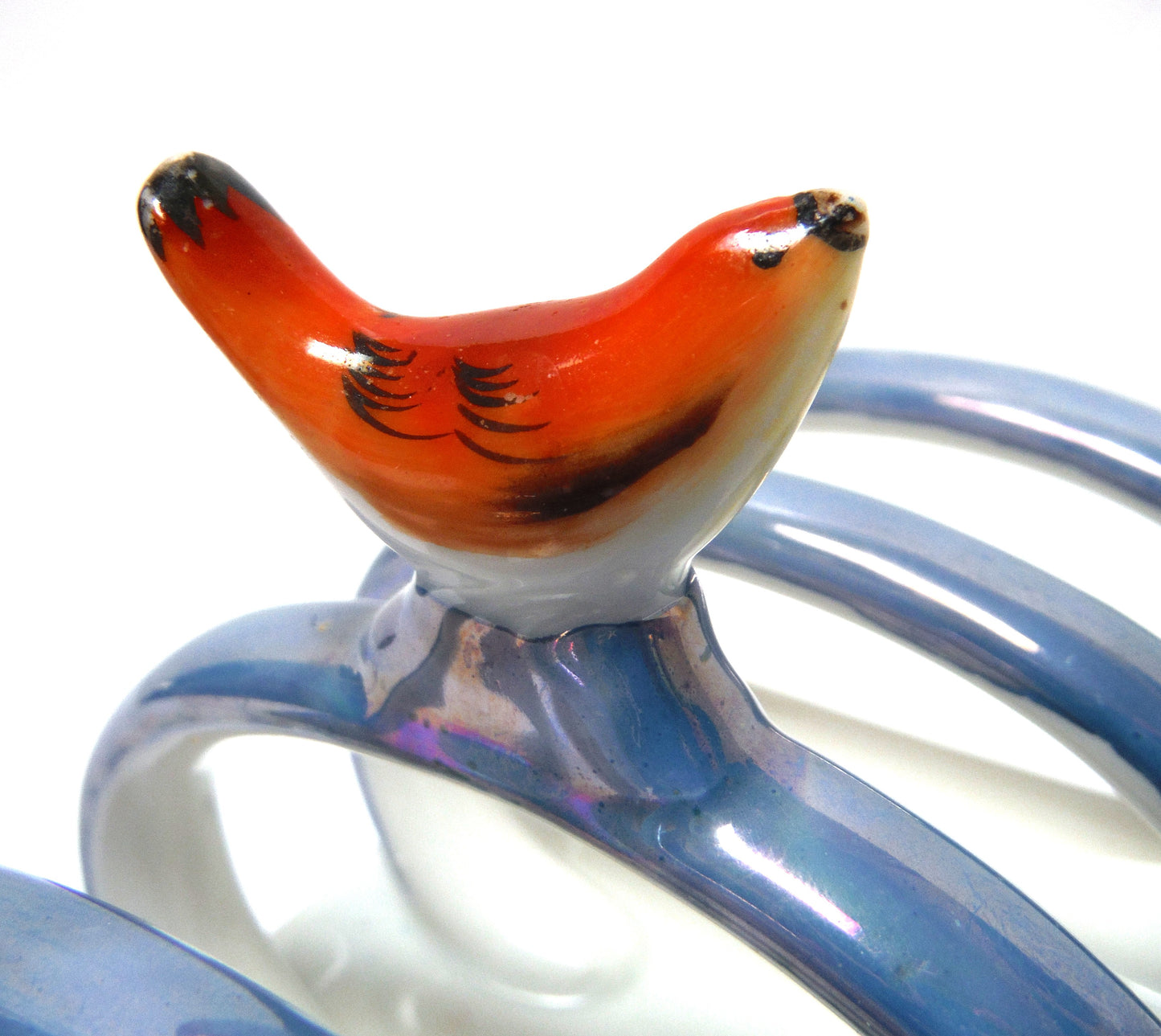 VINTAGE NORITAKE JAPANESE TOAST RACK: Blue with Black Trim in Iridescent Gloss Finish, with a Perched Red Bird Centerpiece