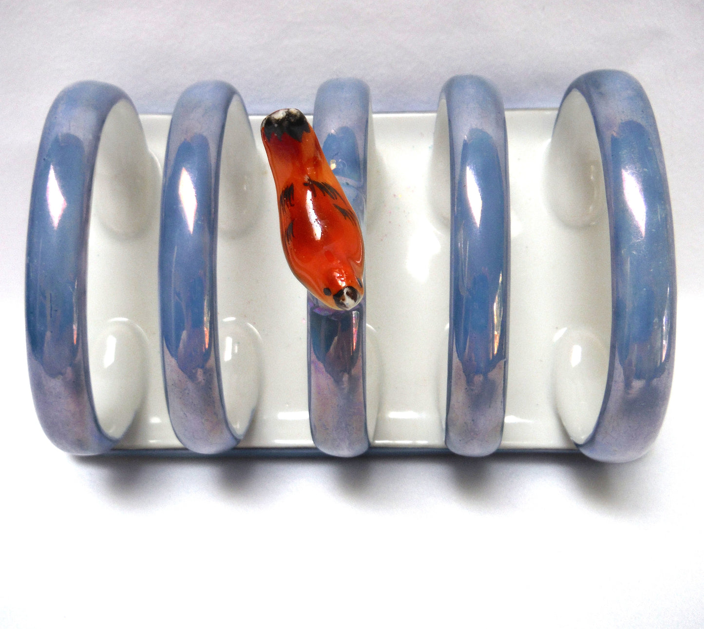 VINTAGE NORITAKE JAPANESE TOAST RACK: Blue with Black Trim in Iridescent Gloss Finish, with a Perched Red Bird Centerpiece