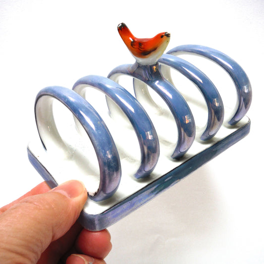 VINTAGE NORITAKE JAPANESE TOAST RACK: Blue with Black Trim in Iridescent Gloss Finish, with a Perched Red Bird Centerpiece