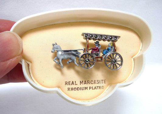 VINTAGE ENAMELED BROOCH, with REAL MARCASITE and RHODIUM PLATED, Made by Bohemian Jewellers of Birmingham, England