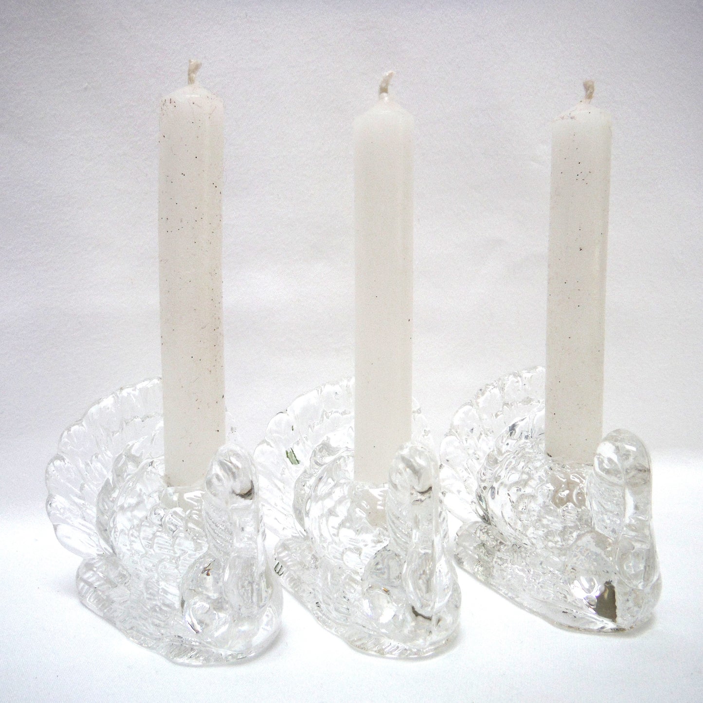 Miniature Set of THREE Clear Glass Tapered Candle Holders: GOBBLE-GOBBLE, TURKEY-TURKEYS!