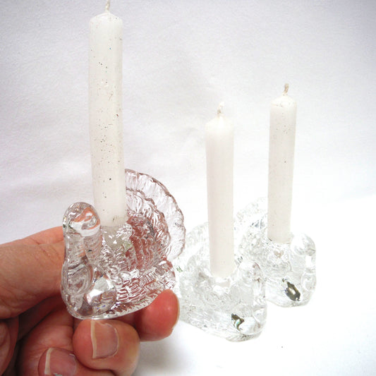 Miniature Set of THREE Clear Glass Tapered Candle Holders: GOBBLE-GOBBLE, TURKEY-TURKEYS!