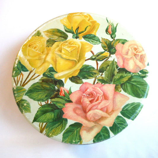 Large Round Vintage PINK & YELLOW ROSE BISCUIT TIN, by Huntley & Palmers of London, England