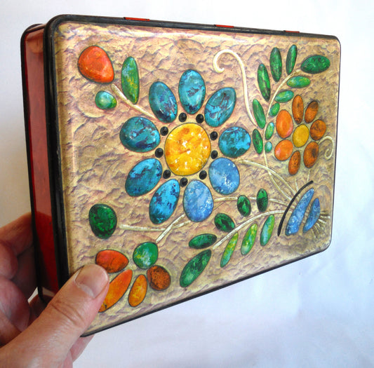 Coloured Beach Stone Gems Vintage Hinged-Lid Tin Container, by CARRS OF CARLISLE, ENGLAND