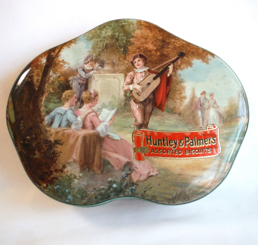 STUNNING ANTIQUE TIN CONTAINER, by Huntley & Palmers Assorted Biscuits of London : "MUSICAL GARDEN GIRLS"