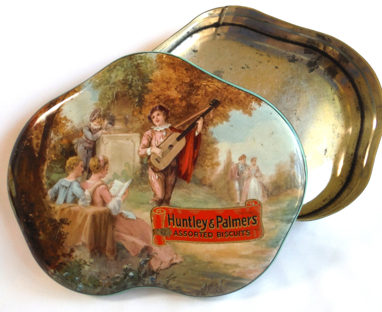 STUNNING ANTIQUE TIN CONTAINER, by Huntley & Palmers Assorted Biscuits of London : "MUSICAL GARDEN GIRLS"