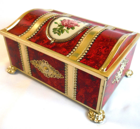 Vintage Ornate Style Camel-Back Hinged Lid RED-ROSE Tin Container