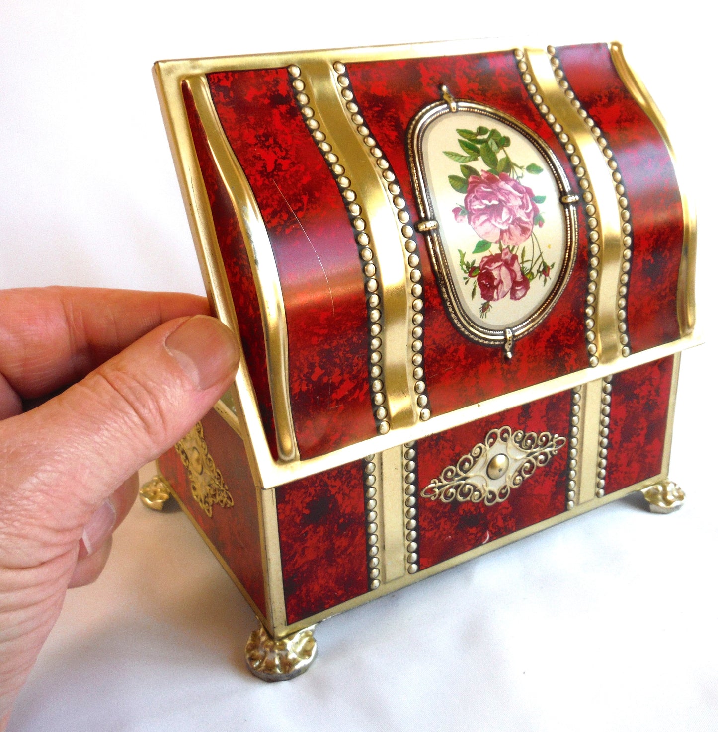 Vintage Ornate Style Camel-Back Hinged Lid RED-ROSE Tin Container