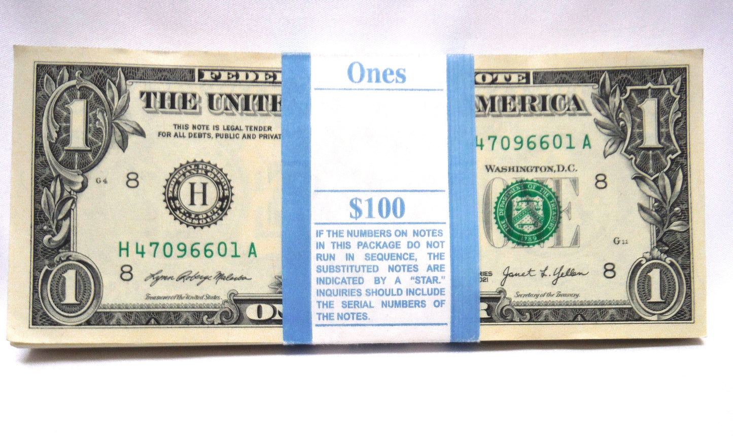 2021 United States of America Stack of 100 Paper Dollar Bills, Mint Condition, Consecutive Numbering and Factory Banded!