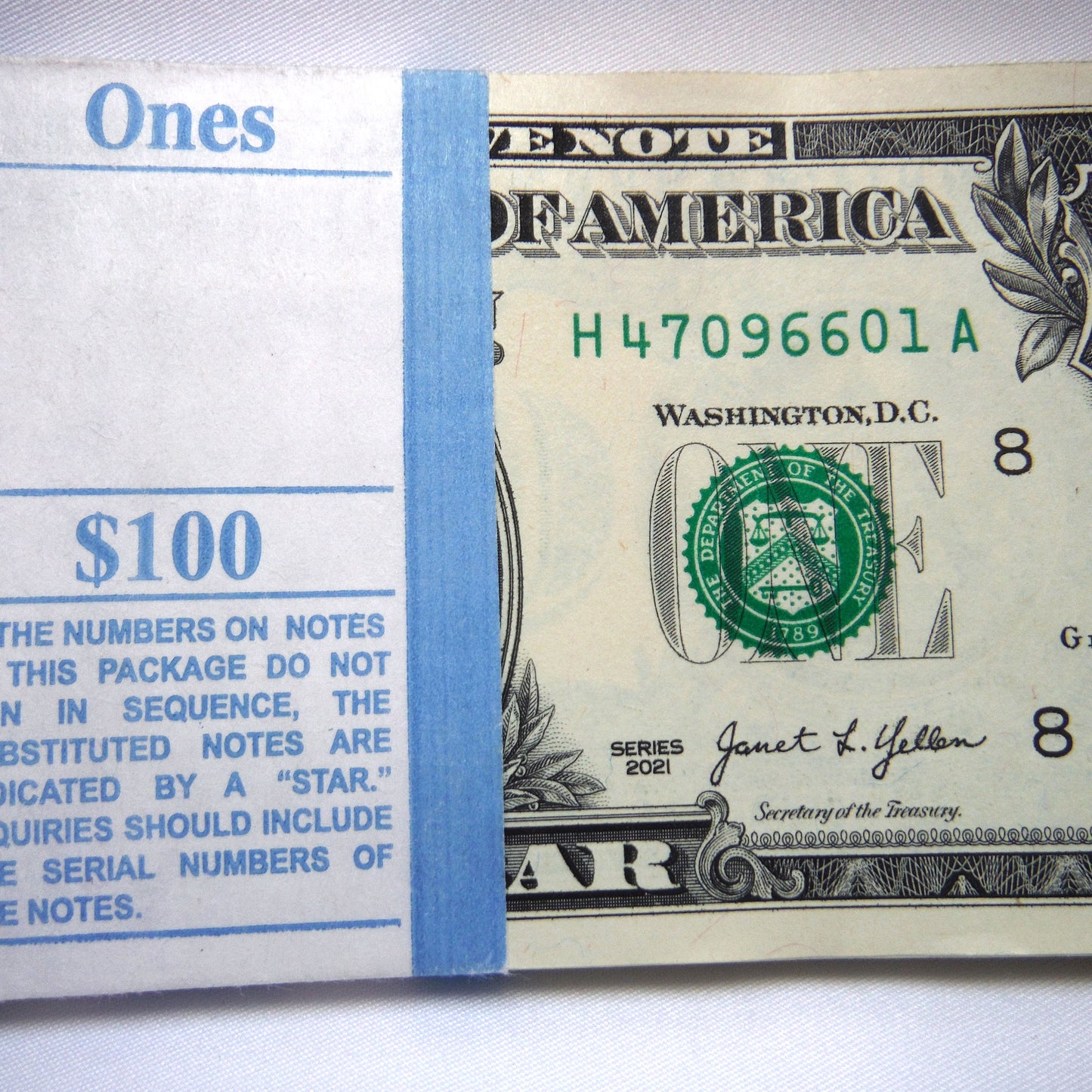 2021 United States of America Stack of 100 Paper Dollar Bills, Mint Condition, Consecutive Numbering and Factory Banded!