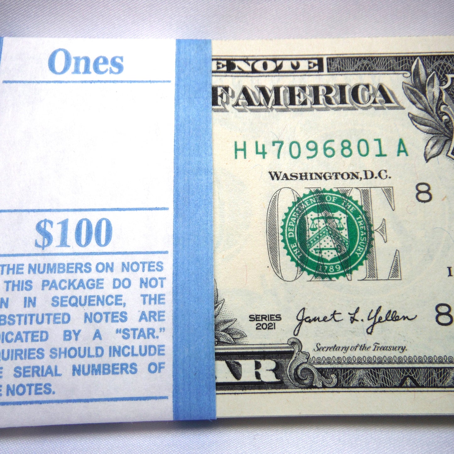 2021 United States of America Stack of 100 Paper Dollar Bills, Mint Condition, Consecutive Numbering and Factory Banded!