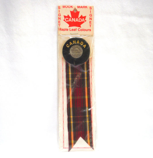 1986 CANADA 5-Cent Coin & Fabric BOOKMARK, Rare Maple Leaf Tartan Colours by Signet