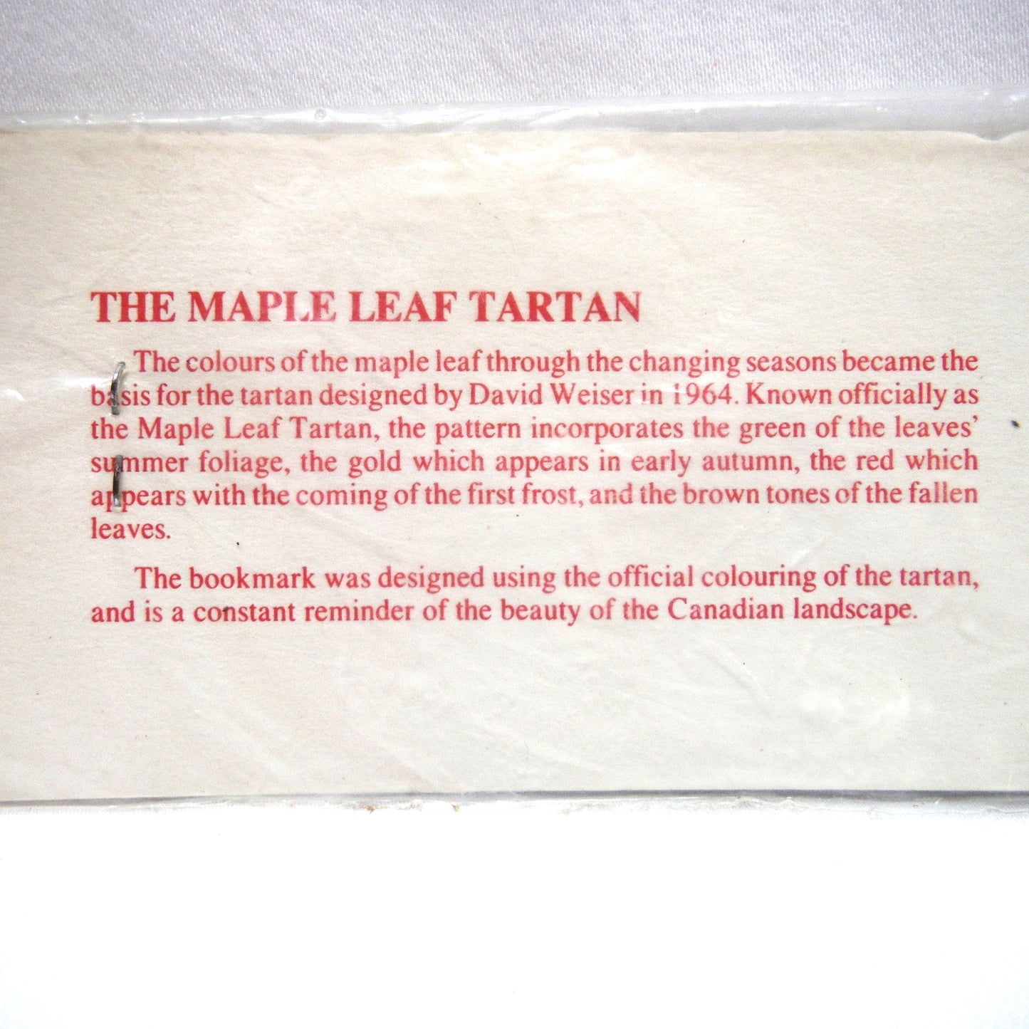 1986 CANADA 5-Cent Coin & Fabric BOOKMARK, Rare Maple Leaf Tartan Colours by Signet