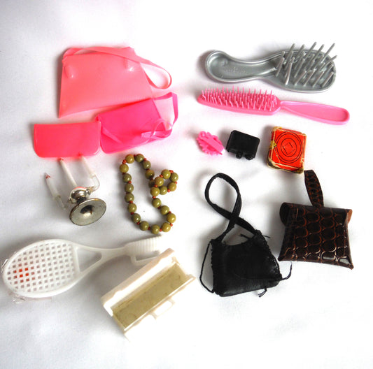 MADDIE MOD ACCESSORIES PACKAGE, For any 11.5-inch Tall Barbie Doll: LOT 4, ASSORTED ITEMS: such as BARBIE BRAND BRUSH, TENNIS RACQUET AND BALL.