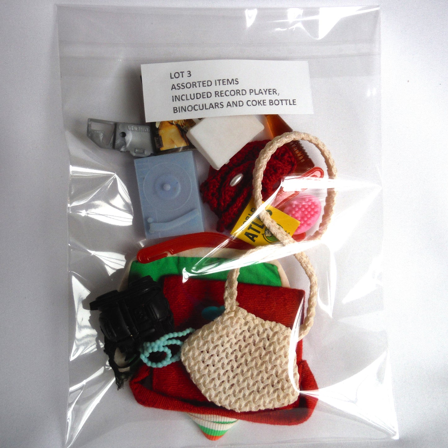 MADDIE MOD ACCESSORIES PACKAGE, For any 11.5-inch Tall Barbie Doll: LOT 3, ASSORTED ITEMS: such as RECORD PLAYER, BINOCULARS AND COKE BOTTLE.
