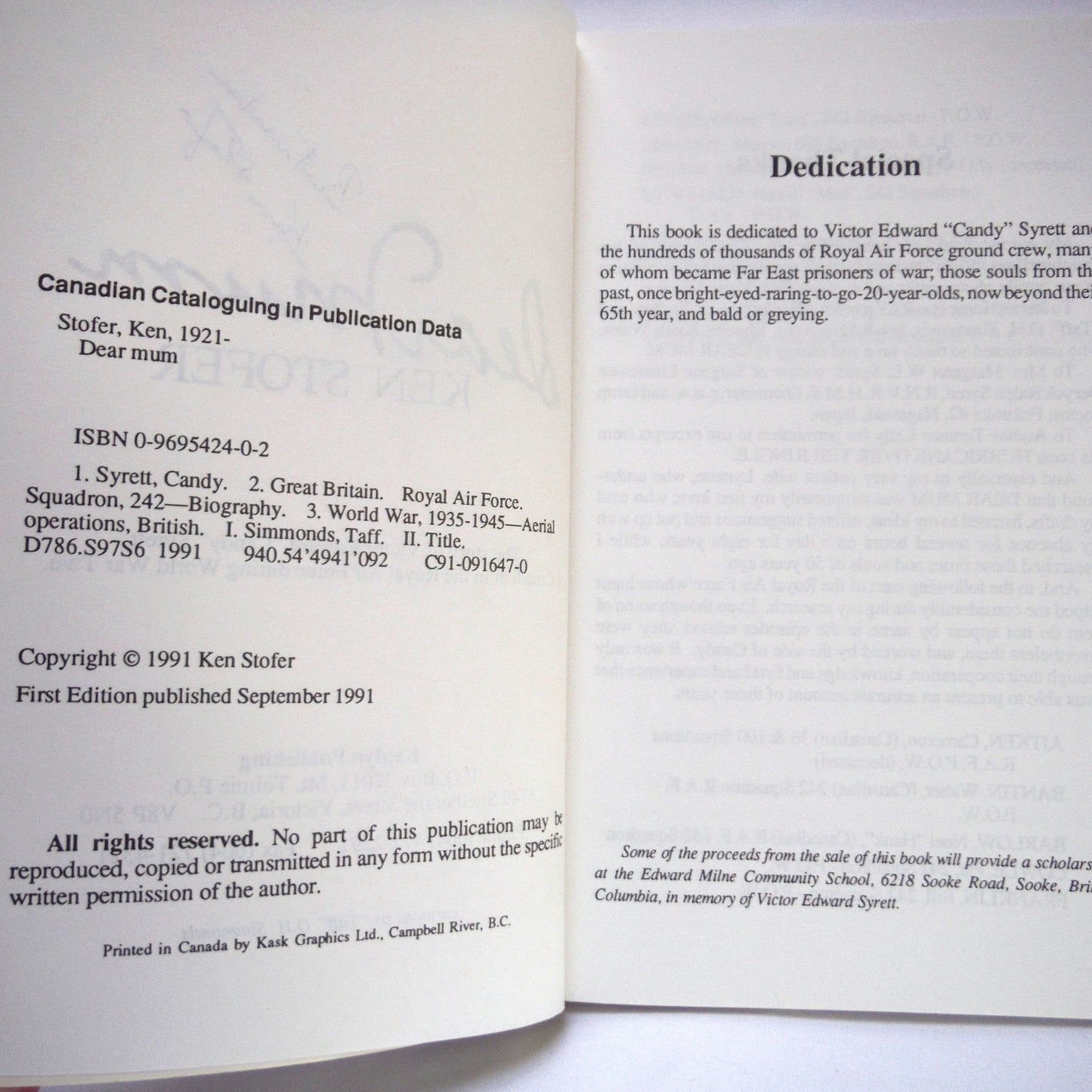 DEAR MOM, The WWII POW Story of Victor Edward "Candy" Syrett, by Ken Stofer (1st Ed. SIGNED)