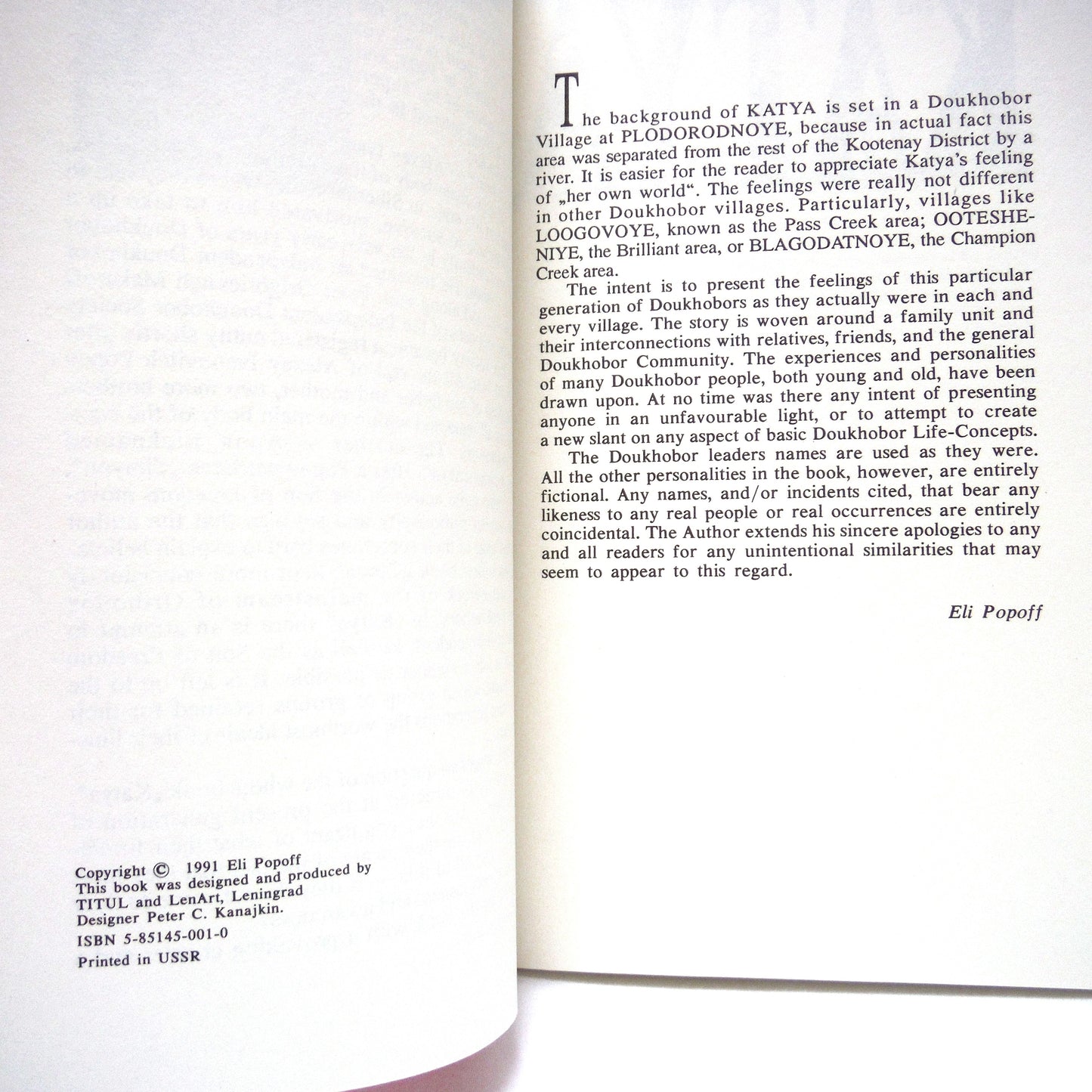 KATYA, A CANADIAN DOUKHOBOR, by Eli Popoff (1991 1st Ed.)
