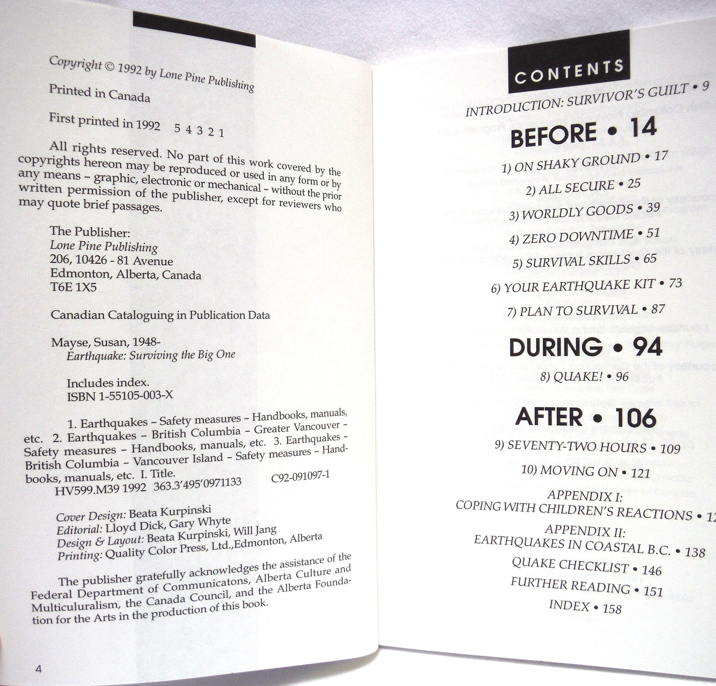 EARTHQUAKE, SURVIVING THE BIG ONE, Vancouver, Coastal BC, by Susan Mayse (1992 1st Ed.)