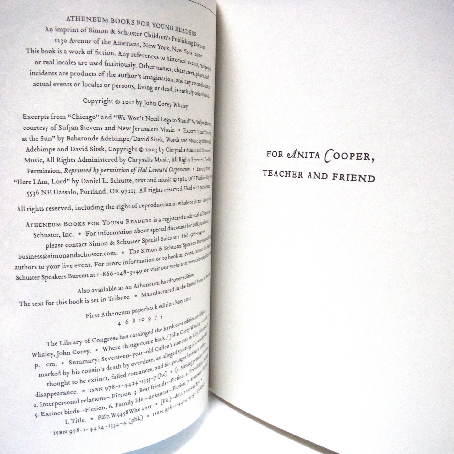 WHERE THINGS COME BACK, A Young Teen Novel by John Corey Whaley (2012 1st PB Ed.)