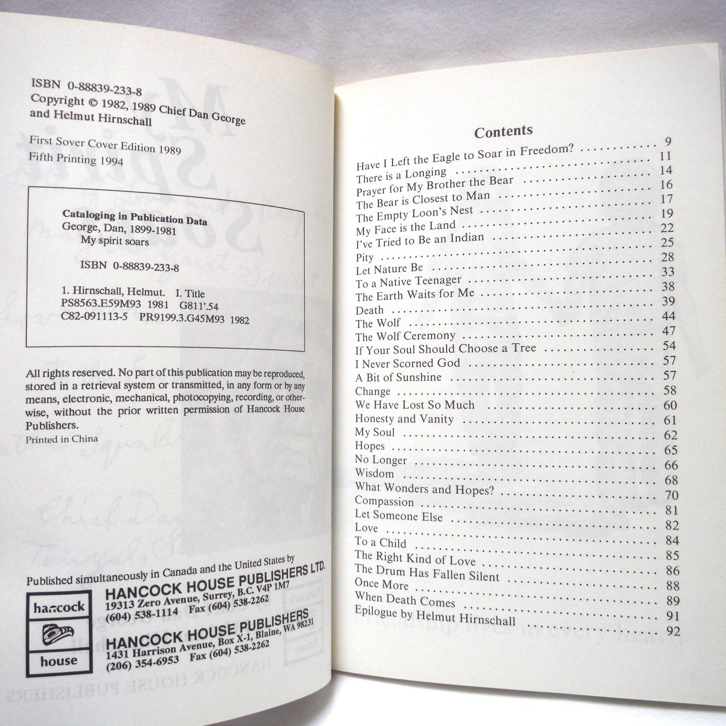 MY SPIRIT SOARS, by Chief Dan George, with Drawings by Helmut Hirnschall (1994 1st Ed.)