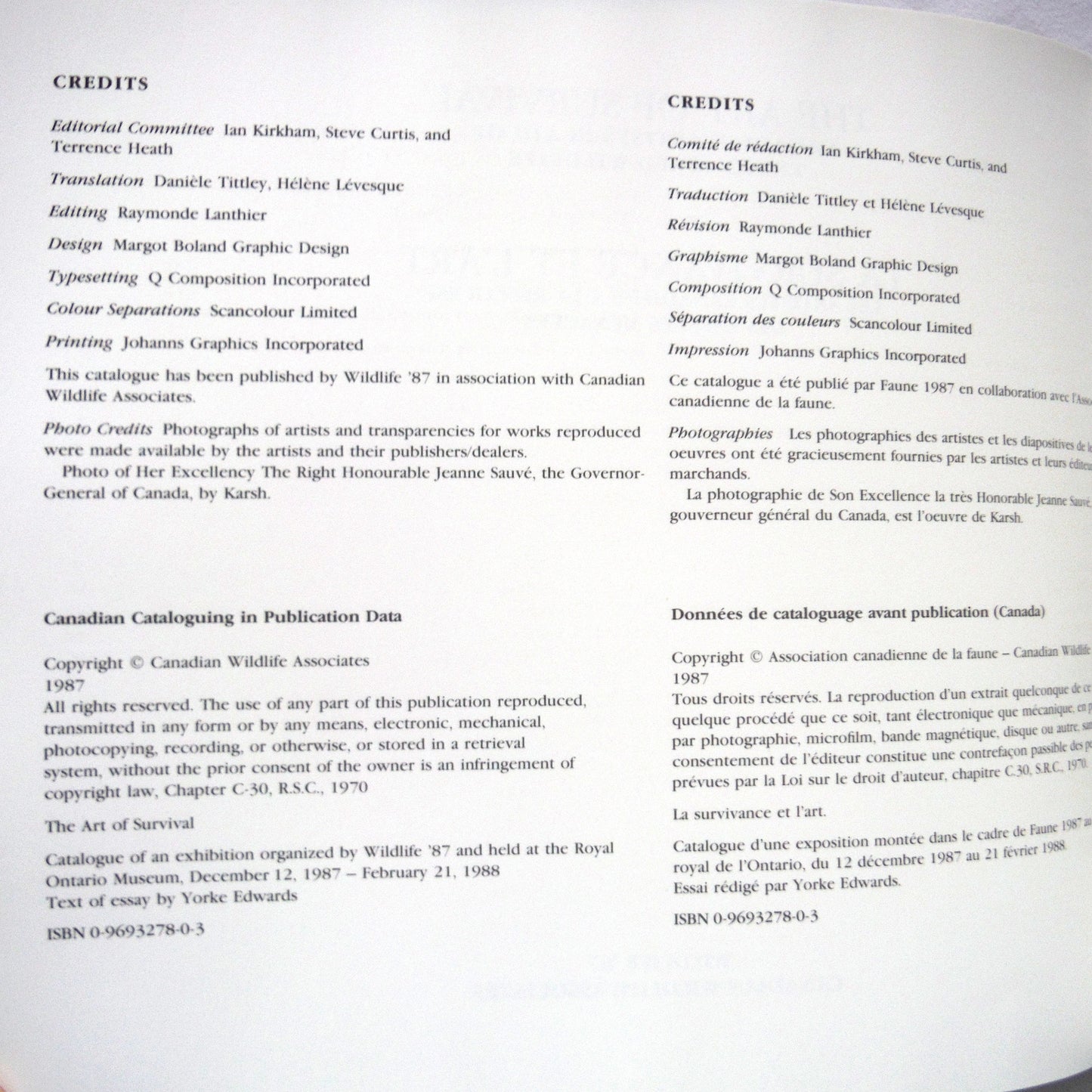 THE ART OF SURVIVAL - LA SURVIVANCE ET L'ART: Canadian Artists in Aid of Endangered Wildlife, ROM Art Exhibition Catalogue (1987 1st Ed.)