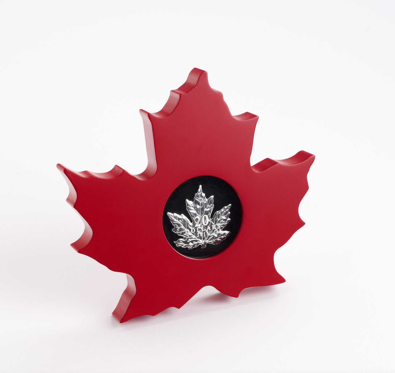 2015 Canadian MAPLE LEAF SHAPED $20 Silver Coin on Red Maple Leaf Wood Stand: 1 Troy Ounce of .9999 Pure Silver!
