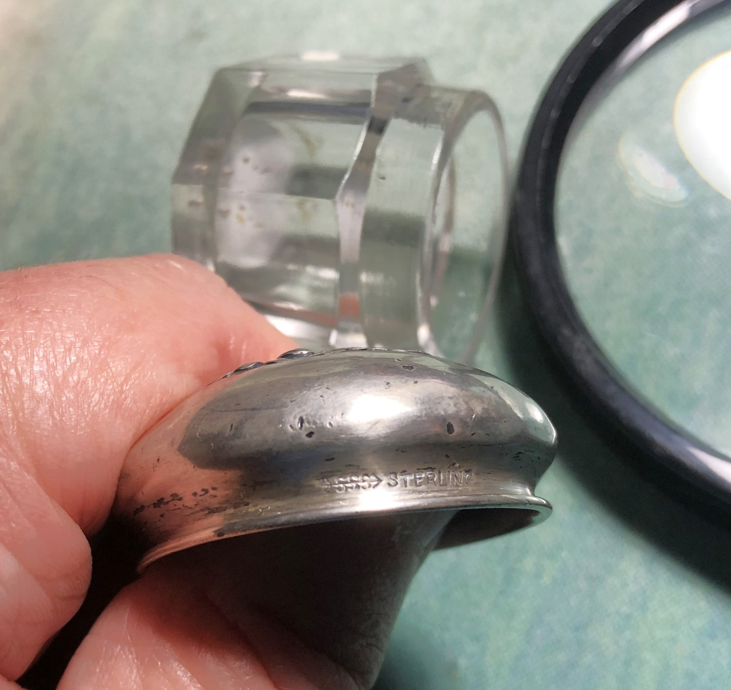 ANTIQUE MINIATURE ROUGE POT, in Sterling Silver with Clear Glass Base