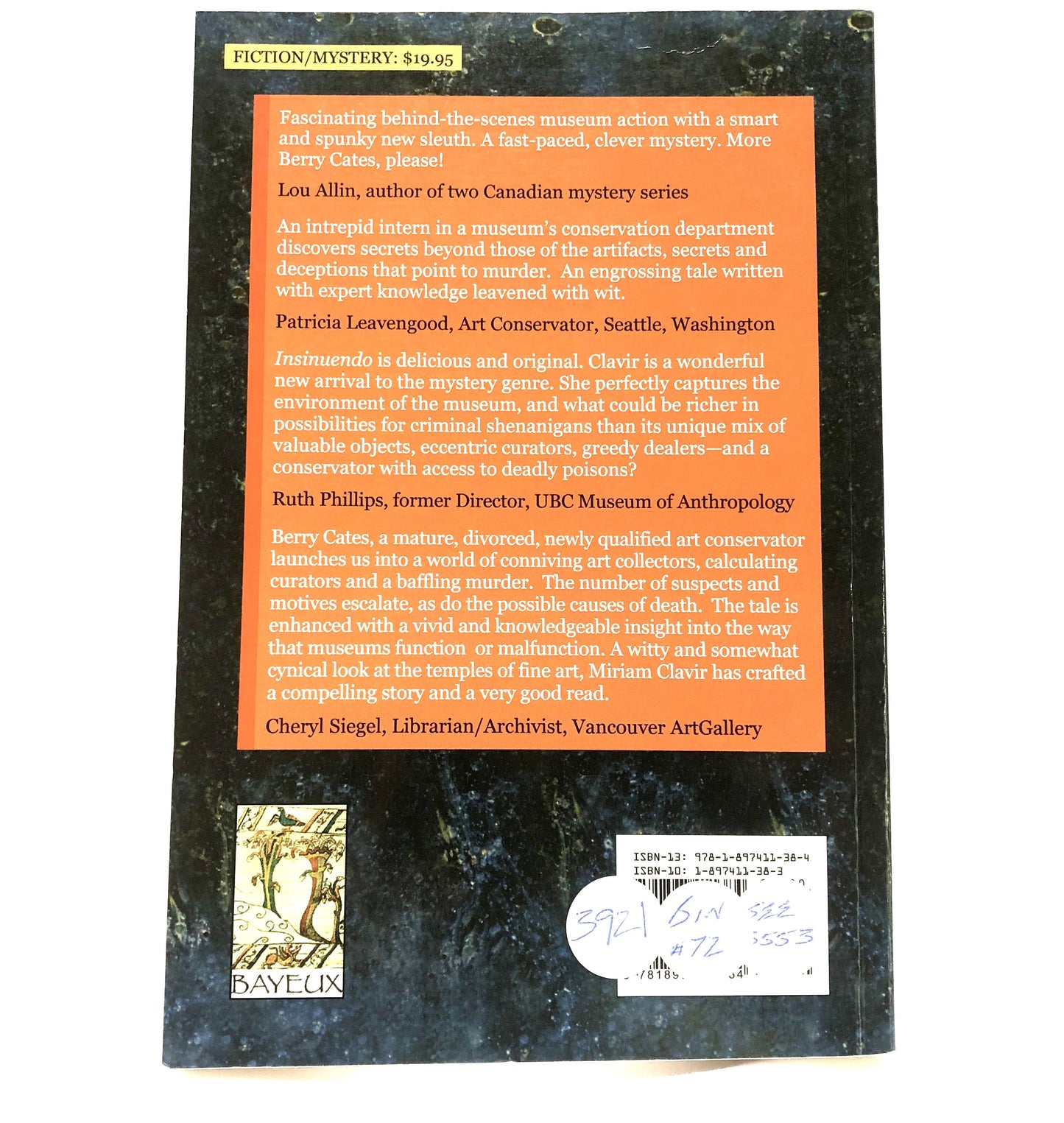 INSINUENDO, Murder in the Museum, A Mystery Novel by Miriam Clavir, with a BONUS Signed Postcard (2012 1st Ed.)